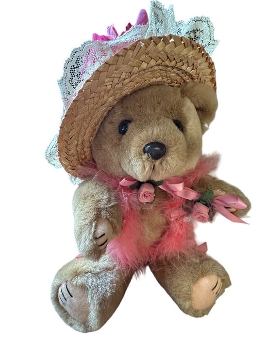 Bearly People Pink feather boa pearls rose tan bear 12" jointed vintage - Picture 1 of 13